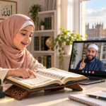 Young British Muslim girl learning online Quran recitation with Tajweed from a professional tutor on a laptop at home.