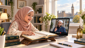 Young British Muslim girl learning online Quran recitation with Tajweed from a professional tutor on a laptop at home.